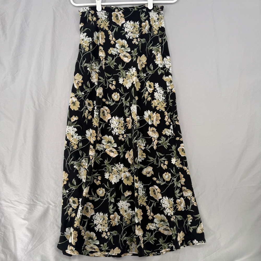 Segue Womens Black Floral Maxi Skirt Side Zip Made in USA Vintage 90s